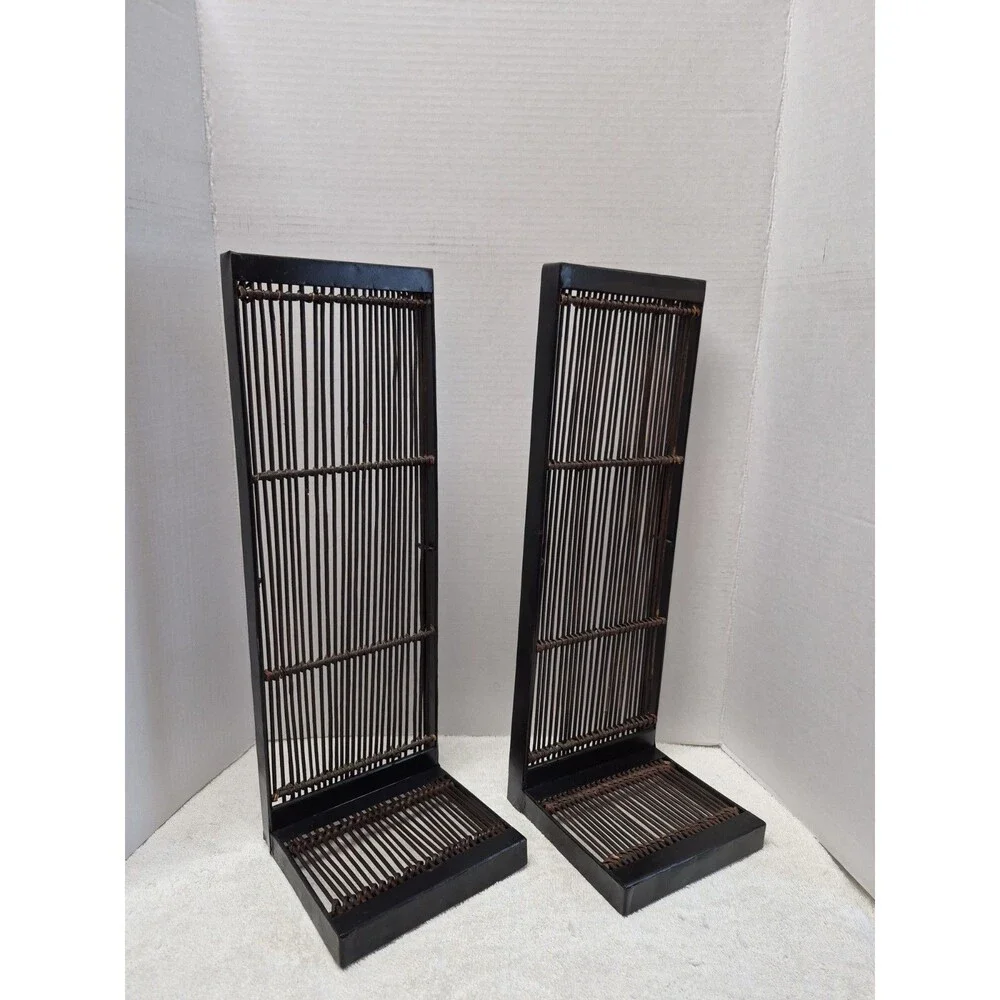 Set Of 2 Vintage Black Bamboo Wall Sconces Shelves Boho MCM Tokyo 6x18